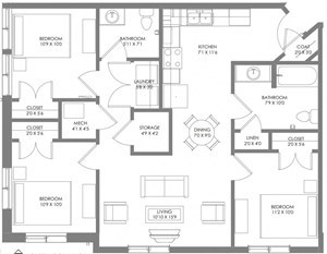 A black and white image of a house floor plan with rooms labeled.